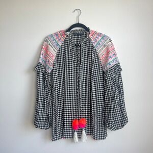 Hemant and Nandita Gingham Check Boho‎ Embroidered Tassel Blouse